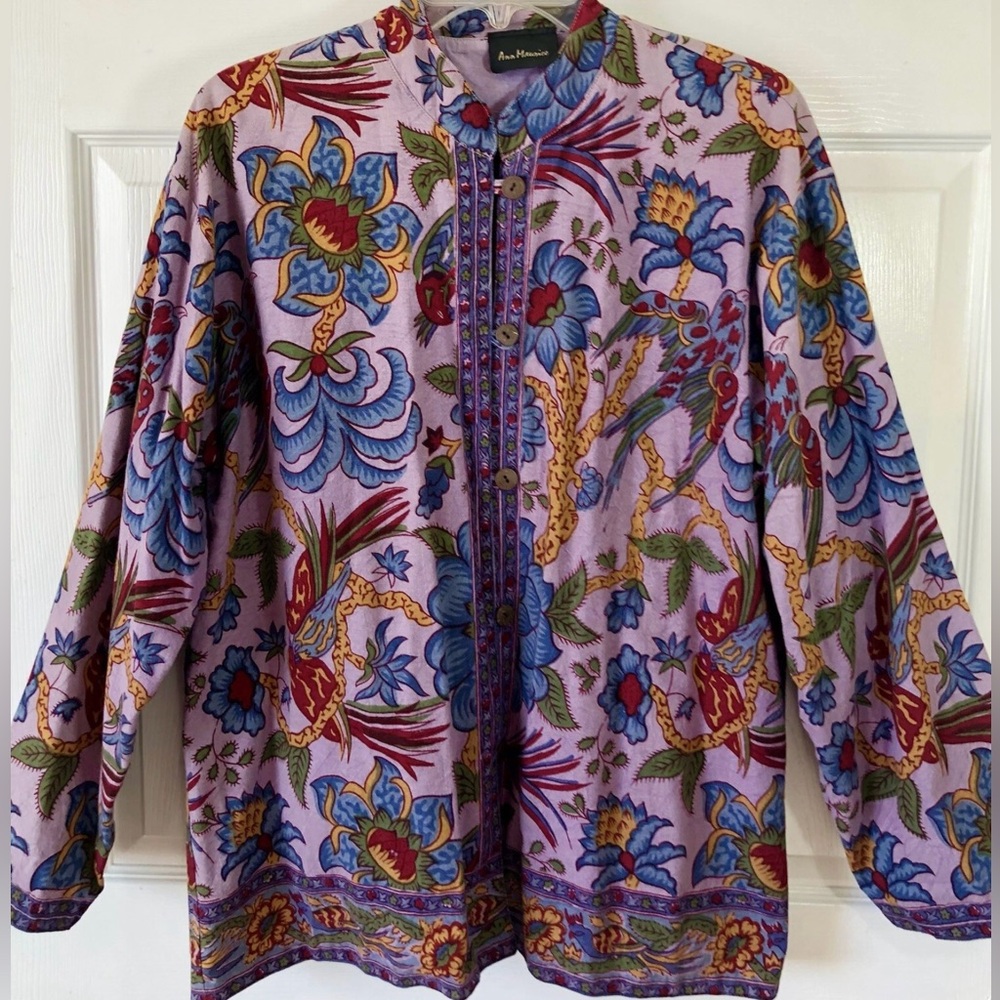 Vintage ART TO WEAR Batik Cotton Asian Bird Jacket Coconut Buttons MED